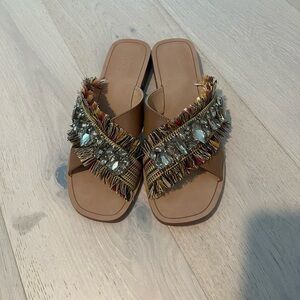 Crown Vintage Tan Sandals with Fringe and Beading